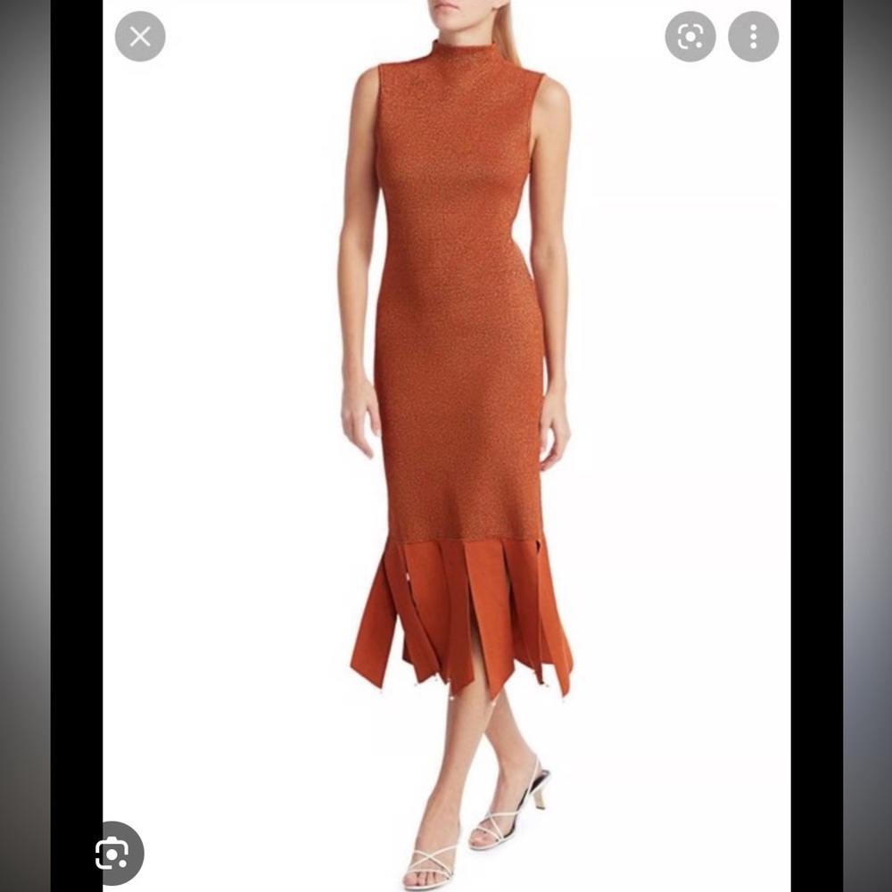 NWT STAUD SIZE L Pat Fringe Hem Midi Dress bodycon in rust brown‎